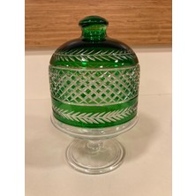 Şekerlik Kesme Kristal El Işçiliği Cam Ayaklı Kapaklı Yeşile Şeffaf Yükseklik 17 cm Çapı 10 cm
