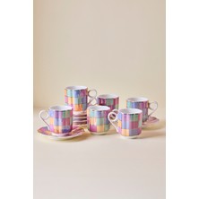 Perotti Antik 12 Parça 6 Kişilik Renkli Kübik Porselen Kahve Fincanı Takımı