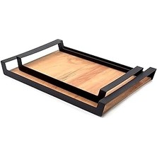 Indispensablely Pratikoutdoor Küçük Ham Renk Servis Sunum Tepsisi, Metal Kulplu Ahşap Tepsi - 42X22,5 cm