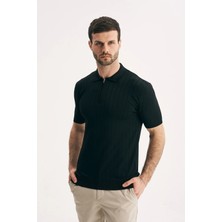 Silvano Erkek Fermuar Yakalı Fitilli Triko Tişört-Slim Fit Polo Yaka Örme
