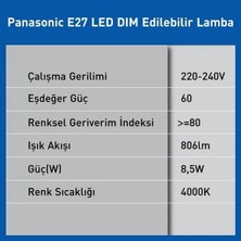 Panasonic LED Dimmerli Lamba 8.5W/4000K Ilık Beyaz Işıklı 806LM E27 LED Ampul