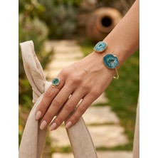 Museum Of You Mavi Akik Taşlı 14K Altın Kaplama El Yapımı Kadın Takı Seti - Ayarlanabilir Bilezik & Yüzük Kombini