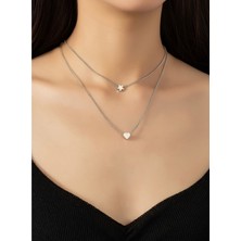 Atalya Accessory Gümüş Renk Iki Katmanlı Yıldız ve Kalp Kadın Minimal Kolye