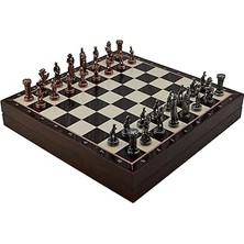 Indispensablely Gifthome Orta Boy Metal Ingiliz Satranç Takımı Antik Ceviz Desenli Sandıklı Mdf Tahtası (36X36X6