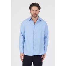 Danger Erkek Pamuklu Keten Görünümlü Gömlek Mavi