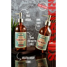 500ML Ahşap Stantlı Amber Renkli Red Serisi Gold Başlıklı El Sabunu ve Bulaşık Detarjanı Şişesi