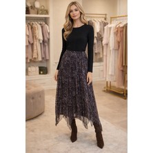 Miss Still Şal Desenli Uzun Şifon Acı Kahve Etek