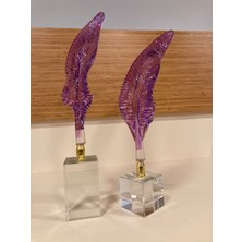Plus Home Dekoratif Kristal Cam Tüy Model Renk Mor Altın 2'li Yükseklik 33 ve 31 cm