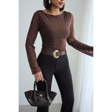 Salome Butik Tül Kol Detaylı Taşlı Bluz