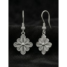 Roza Silver 925 Ayar Gümüş Geleneksel Telkari Yonca Küpe - El Işçiliği Çiçek Motifli Karo Kancalı