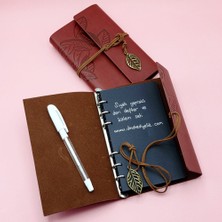 Kahverengi Siyah Yapraklı Deri Defter ve Beyaz Jel Kalem Set Midastech