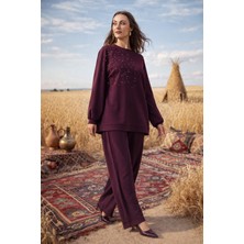 Nuss Taş Zımba Detay Tunik Pantolon Takım 1076 Mürdüm