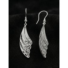Roza Silver 925 Ayar Gümüş Geleneksel Telkari Melek Kanadı Küpe - Modern El Işçiliği Dikey Tasarım