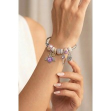 Wuclo Kanatlı Kalp ve Anahtar Figürlü Silver Mor Bijuteri Kelepçe Bileklik