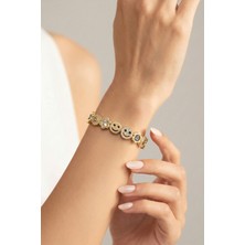 Wuclo Smiley ve Çiçek Figürlü Zirkon Taşlı Gold Bijuteri Bileklik