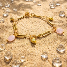 Altın Kaplama Pembe Kuvars ve Hematit Doğaltaşlı Bileklik