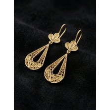 Roza Silver 925 Ayar Gümüş Altın Renk Geleneksel Telkari Sanatı Lale Figürlü Damla Drop Sallantılı Küpe