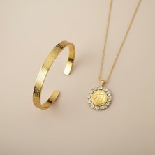 TrendyX Taşlı Allah Yazılı Kolye ve Ayetel Kürsi Bileklik Seti Gold Çelik Islami Takı