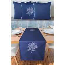 Visionario Kırlent Kılıfı 45X45 3'lü Set + 145X40 Runner Marin Nakışlı Yosun Desen Su Itici Outdoor Keten