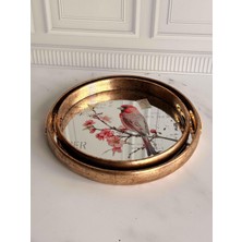 Rossev Aynalı Tepsi Pembe Çiçek Kuş Desenli 2'li Cherry