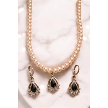 twingold Damla Tasarımlı Siyah ve Zirkon Taşlı 6mm Inci Kolye Küpe Bijuteri Takım Seti