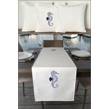 Visionario Kırlent Kılıfı 45X45 3'lü Set + 145X40 Runner Marin Nakışlı Deniz Atı Desen Su Itici Outdoor Keten