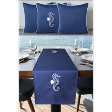 Visionario Kırlent Kılıfı 45X45 3'lü Set + 145X40 Runner Marin Nakışlı Deniz Atı Desen Su Itici Outdoor Keten