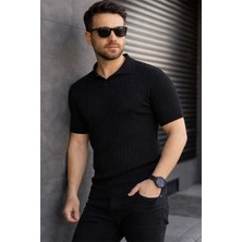 Zueofficial Erkek Siyah Fitilli Polo Yaka Yazlık Tişört