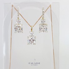 Falaise Accessories 2 Kare Taşlı Kolye&küpe Seti - Altın