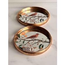 Rossev Aynalı Tepsi Pembe Çiçek Kuş Desenli 2'li Flora