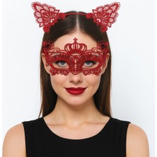 Fırsatkolik Lüks Kırmızı Dantel Taçlı Maske Seti 2 No - Parti, Balo, Kostüm Aksesuarı