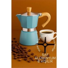 Italyan Moka Pot - 6061 Saf Alüminyum  Ahşap Saplı - 6 Kişilik Mavi