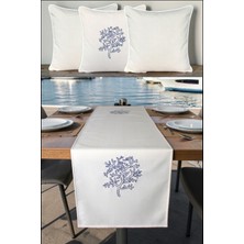 Visionario Kırlent Kılıfı 45X45 3'lü Set + 145X40 Runner Marin Nakışlı Yosun Desen Su Itici Outdoor Keten