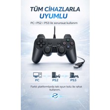 FaroxTech Tüm Cihazlarla Uyumlu Kablolu Oyun Kolu - Pc, Ps3, Ps2 Destekli Tak Çalıştır Gamepad