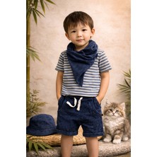 Kokoro M&b Çizgili Tişört ve Lacivert Şallı Şort Takım/Yazlık Rahat Bebek Kombini/Taşlanmış Kot Görünümlü