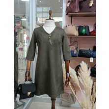 Badiva Fashion Haki Nubuk Dokulu V Yaka Şık Elbise