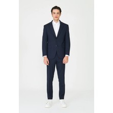 White Stone Lacivert Modern Slim Fit Dokulu Kumaş Şık Klasik Yaka Zamansız Takım Elbise