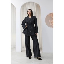 Piove Kadın Bağlama Detaylı Gömlek Pantolon Ikili Takım – Rahat Kesim Günlük ve Şık Kombin Takımı