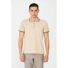 White Stone Bej Modern Kesim Fermuarlı Polo Yaka Erkek T-Shirt