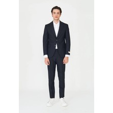White Stone Lacivert Ince Çizgili Modern Slim Fit Klasik Yaka Takım Elbise