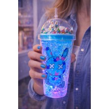 Biton Toptan Tavşan Suluk Pipetli Buzlu Cam Görünümlü  LED Işıklı 450 ml Çift Katman Mika Su Şişesi  2087 Mavi