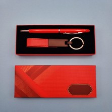 Kırmızı Deri Anahtarlık ve Kalem Midastech