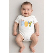 Sedirli Beyaz Kısa Kol It's A Boy Temalı Baskılı Bebek Zıbın Bisiklet Yaka Unisex Body %100 Pamuk