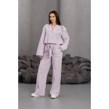 Fehu Bloom Kadın Pembe Kuşak Detay Çizgili Pantolon Crop Gömlek Takım