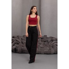 Fehu Bloom Kadın Şerit Detay Palazzo Siyah Pantolon