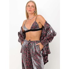 Zf Butik Yeni Sezon Saten Leopar Gömlek Pantolon Bralet Üçlü Takım