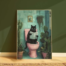 DES VU PRINT Tuvalette Gazete Okuyan Kedi Posteri, Kedi Banyo Temalı Çerçevesiz Poster