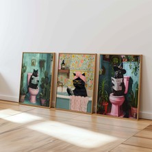 DES VU PRINT 3'lü Kedi Temalı Çerçevesiz Poster, Banyo Temalı Poster Seti