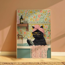 DES VU PRINT Küvette Gazete Okuyan Kedi Posteri, Banyo Temalı Çerçevesiz Poster