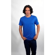 %100 Pamuk Basic Tişört Rahat Kalıp Unisex Günlük Spor T-Shirt Sax Mavi